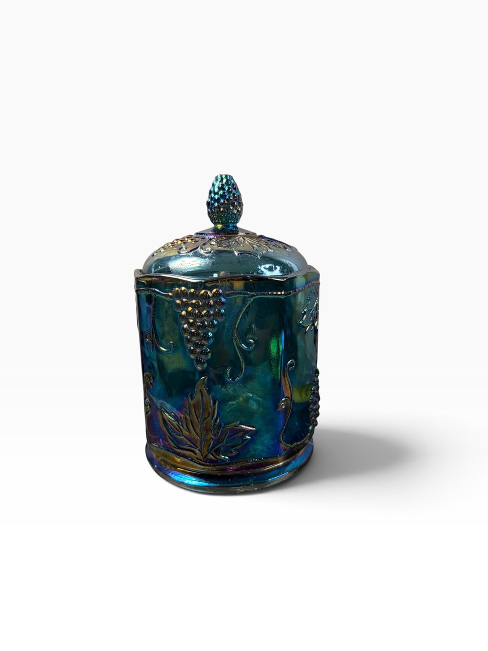 VINTAGE INDIANA GLASS BLUE CARNIVAL HARVEST GRAPE LIDDED CANISTER